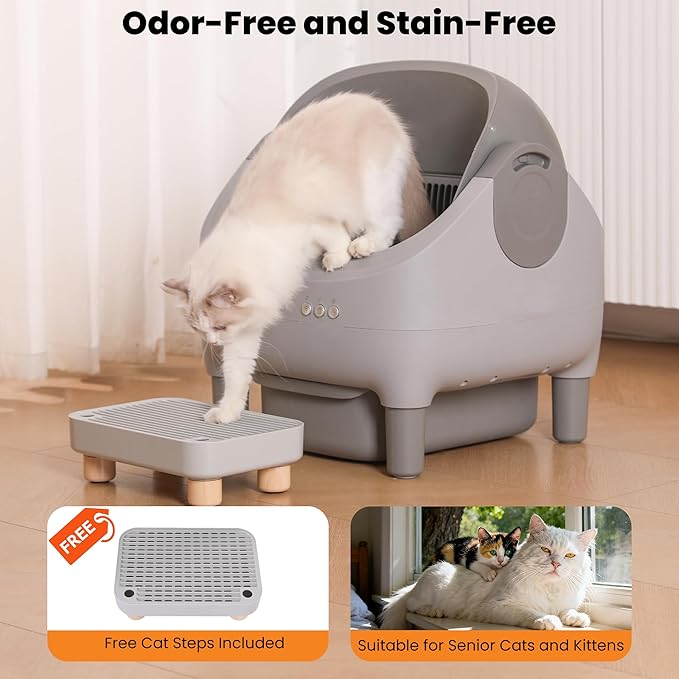 Upgraded Automatic Litter Box Self Cleaning, with Raised Step, Odor Control & Safety Protection & Smart App Control Health Monitoring & Quiet Operation, Open Top Large Capacity for Multiple Cats