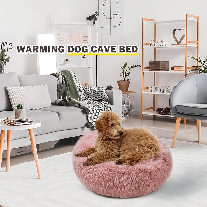 Cat Bed for Indoor Cats, Calming Cozy Cave with Self-Warming Plush, Entire Bed Machine Washable & Anti-Slip Base, Breathable Pet Bed for Small Cats&Dogs All Seasons (Leather Pink, 24*24inch)