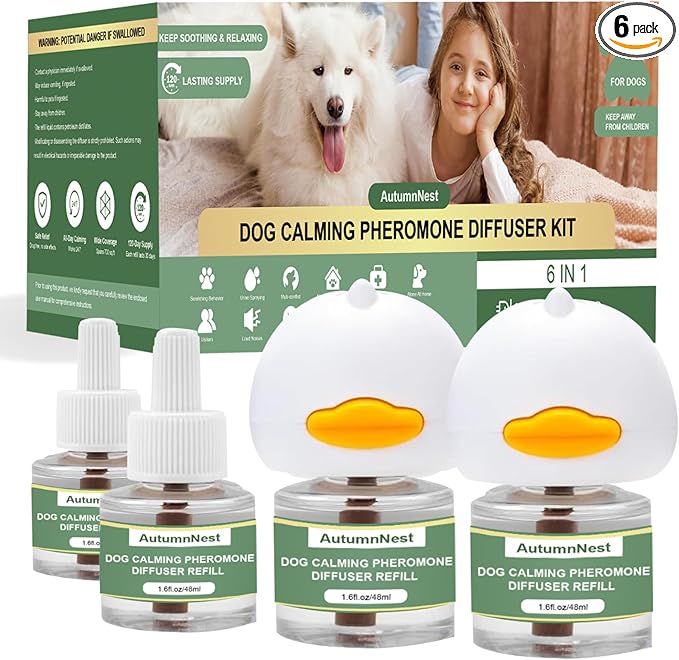 Dog Pheromone Calming Diffuser Kit, Pet Diffuser Kit (2 Plug-in + 4 Packs 48ml Refill) for Stress Support, Helps Reduce Barking & Aggression, 120 Day Supply (Non-Toxic, Safe & Inedible)