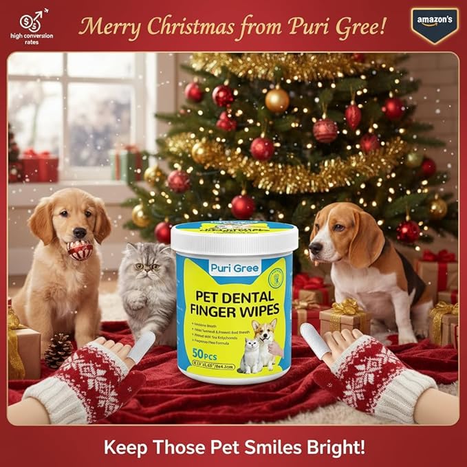 Teeth Cleaning Wipes for Dogs & Cats, Dog Dental Care Finger Wipes, Dog Tooth Brushing Kit, Reduces Plaque,Disposable Dog Wipes-50 Count