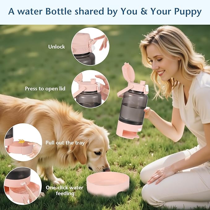 50oz Dog Water Bottle with Handle - Portable Pet & Human Water Dispenser for Hiking, Camping, Travel - Leakproof, BPA-Free, Outdoor Puppy Essential for Walking, Park, Beach (Pink)