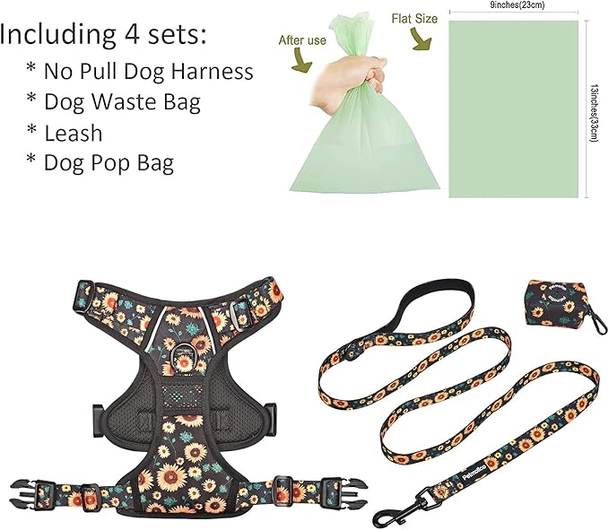 Petmolico No Pull Dog Harness Set, 2 Leash Attchment Easy Control Handle Reflective Vest Dog Harness Breed, Small Dogs Harness and Leash Set with Poop Bag Holder(S, Sunflower)