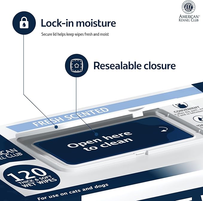 AKC Pet Wipes for Dogs & Cats – Hypoallergenic, Alcohol-Free Wipes for Paws, Face, Ears & Coat – Thick, Gentle Cleaning with Natural Aloe – Available in Lavender, Fresh & Oatmeal Scents