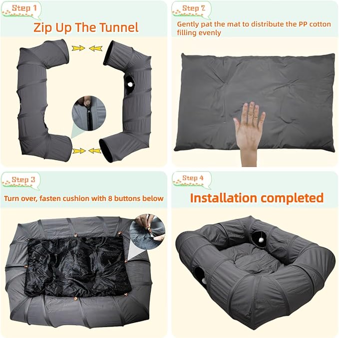XxingSheep 4 Ways Shuttled XL Cat Tunnel Bed for Indoor Cats Peekaboo Cat Cave Donut with Cool Mat (Dark Gray)