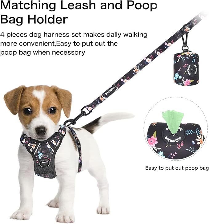 Petmolico No Pull Dog Harness Set with Leash Attachment Easy Control Handle Reflective Harness Vest Small Breed, Puppy Vest and Leash Set with Poop Bag Holder, Small - Floral