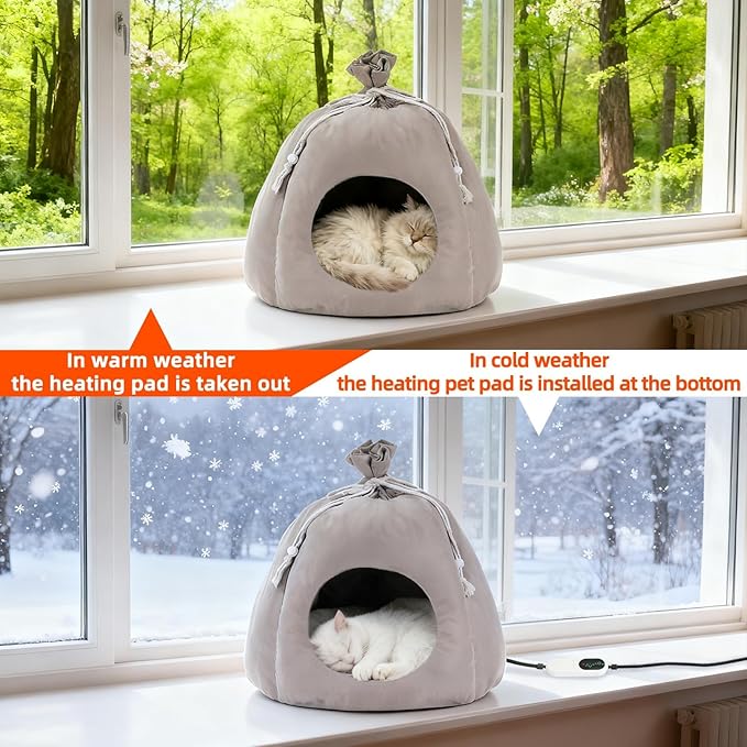 BWOGUE Indoor Heated Cat Bed, 2 in 1 Heated Cat Cave Bed with Temp Adjustable and Timer, Warming Cat Bed Thermo-Pet Nest for Indoor Cats Old Cats 16.9"×16.9"×16.1" (Gray)