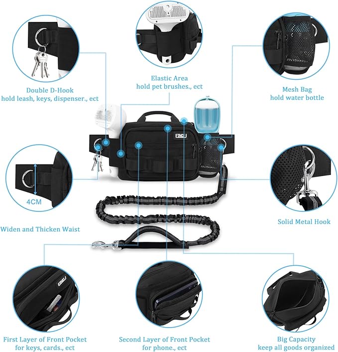 ETACCU Hands Free Dog Leash with Zipper Pouch, Waist Belt for Large Medium Dogs for Running, Walking, Jogging and Hiking, Dual Padded Handles and Durable Bungee - Black (1 Dog Black)