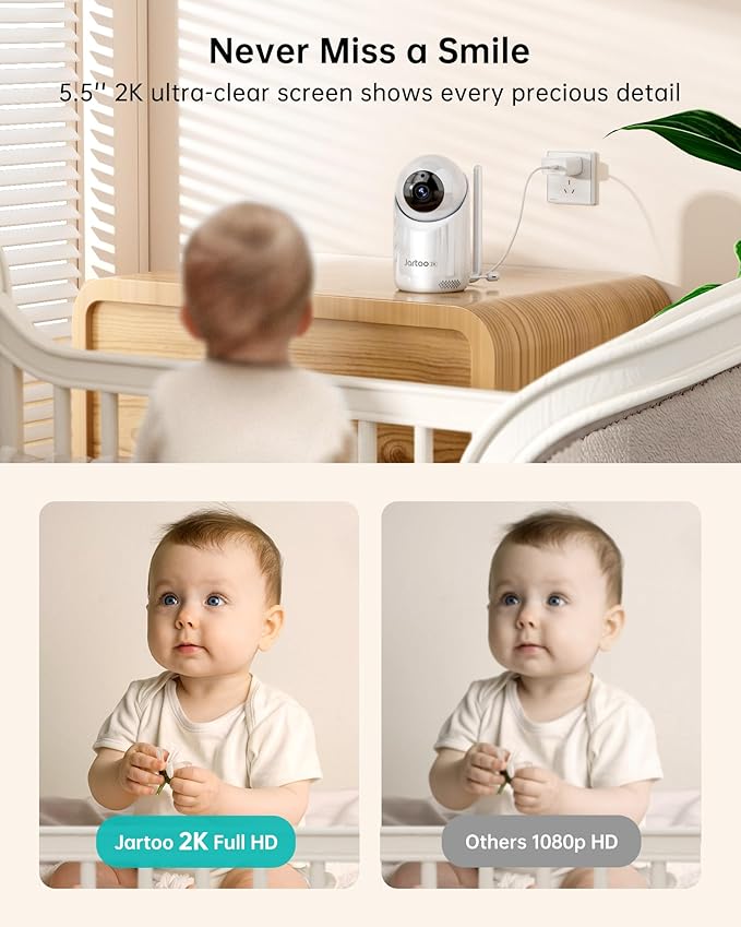 Jartoo 2K Video Baby Monitor with Camera and Audio, Long Range Baby Monitor No WiFi 5.5" FHD Screen ANC Baby Camera Wireless, Feeding Clock, Night Vision, 2-Way Talk, AI Cry Detect, 6000mAh