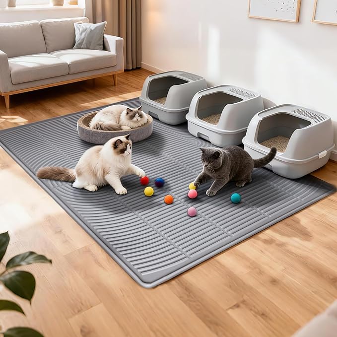 Rubber XXL Cat Litter Mat, 47" x 35" Waterproof Urine Proof Cat Litter Trapping Mat, Easy Clean Litter Box Mat and Anti-Slip Kitty Litter Catcher Mat, Grey