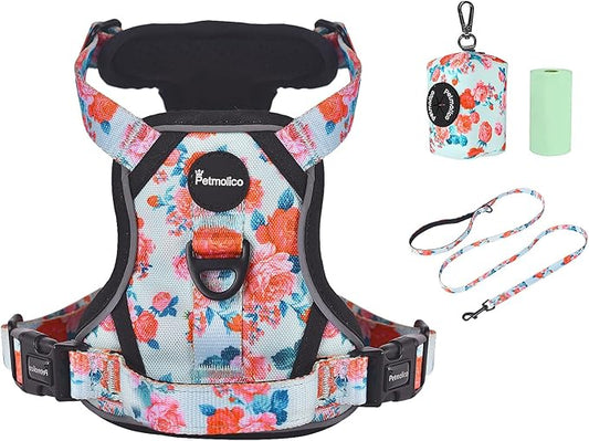 Petmolico No Pull Dog Harness Set with Leash Attachment Easy Control Handle Reflective Harness Vest Small Breed, Puppy Vest and Leash Set with Poop Bag Holder, Small - Green Flowers