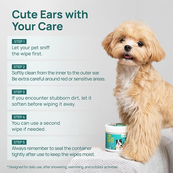 Dog Ear Cleaner Wipes, Dog Ear Infection Treatment, Hypoallergenic Ear Wipes Finger for Dogs & Cats, Gently Relief Ear Itching, Inflammation, Remove Wax, Dirt & Stop Smelly, 50 Count