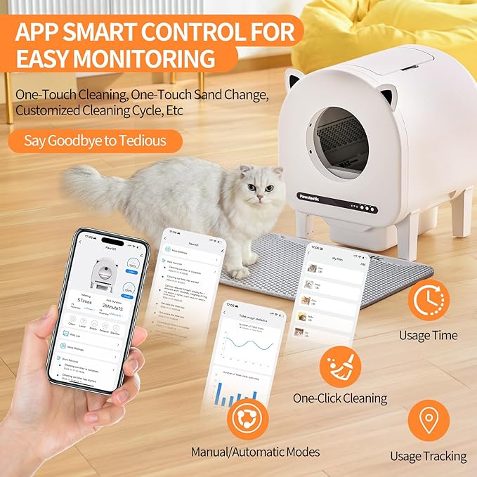 Self Cleaning Litter Box, 68 L Automatic Cat Litter Box for Multiple Cats, Robot with Dual Safety Protection, APP Control, Odor Removal Smart Litter Boxes, 2 Roll Trash Bags