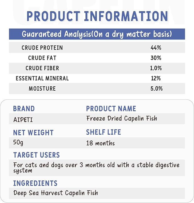 Freeze Dried Capelin Fish Treats for Cats & Dogs, Single Ingredient, Rich in Omega 3 & 6 for Healthy Skin & Coat, Grain Free, 100% Whole Fish, Premium Quality High Protein Training Snacks