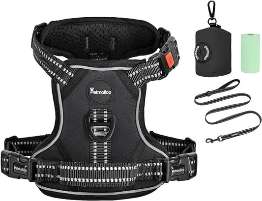 Petmolico No Pull Dog Harness Set with Leash Attachment Easy Control Handle Reflective Harness Vest Small Breed, Puppy Vest and Leash Set with Poop Bag Holder, Medium - Black