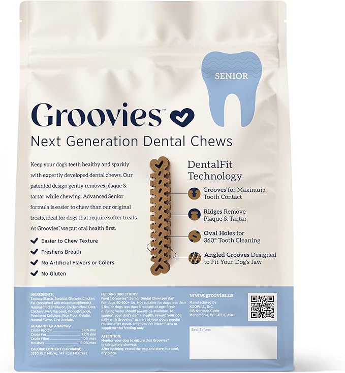 Groovies Slightly Softer, Yet Flexible Dental Chew for Senior Dogs & Delicate Chewers. Powered by USA-Patented DentalFit Tech. No Added Gluten, No Artificial Flavors or Colors. 27oz XLarge (18Chews)
