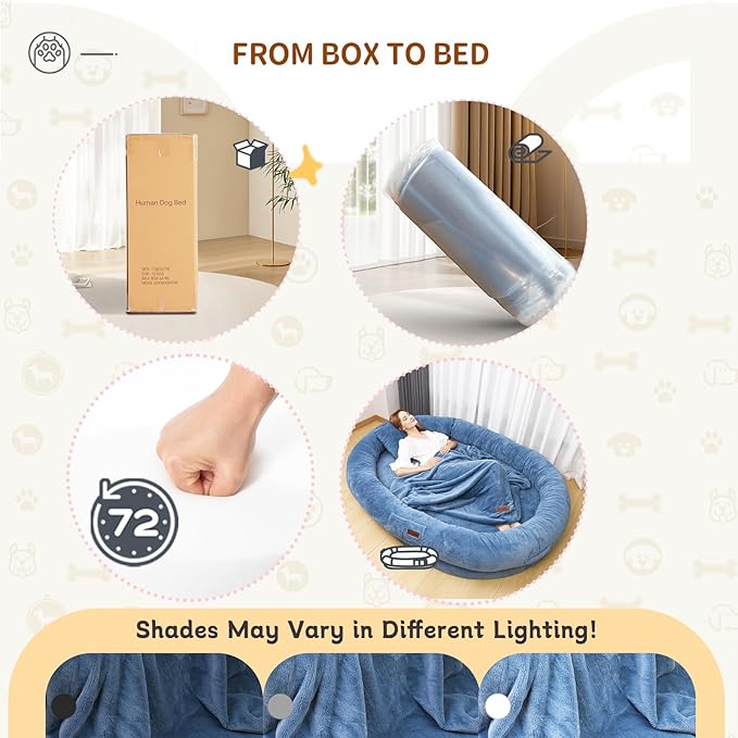 Human Dog Bed for Adults, 73"x56"x12" Washable Orthopedic Size, Faux Fur Removable, Cozy Large Present with Blanket and Pillow, Grayish Blue