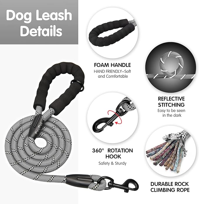 PoyPet No Pull Dog Harness and 5 Feet Leash Set, Release on Neck Reflective Adjustable Pet Vest, Front & Back 2 D-Ring and Soft Padded Pet Harness with Handle for Small to Large Dogs(Grey,L)