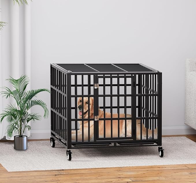 38 Inch Heavy Duty Dog Crate with Wheels,Indestructible Escape-Proof Dog Kennel with Locking Latch and Double Door,Extra Large XL XXL Crate Indoor for Large and Medium Dog with Removable Tray