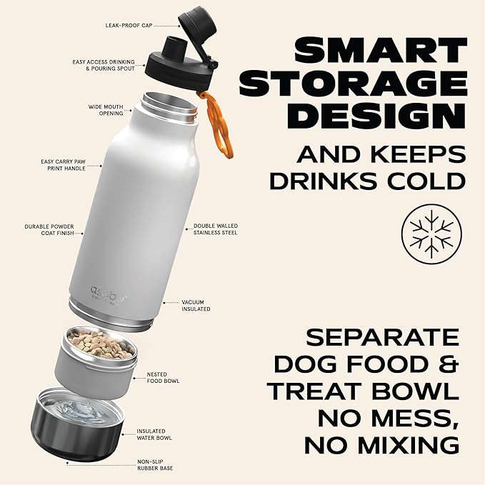 asobu Dog Barky Bottle – Insulated Stainless Steel Water Bottle with 2 Removable Dog Bowls for Food, Treats & Water – Pet-Friendly Travel Bottle for Hiking, Road Trips & Outdoor Adventures