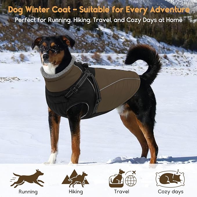 ASENKU Reflective Dog Coat with Built-in Harness, Windproof Fleece-Lined Dog Jacket for Small, Medium, Large Dogs, Warm Winter Vest with Turtleneck & Zipper (Khaki L)