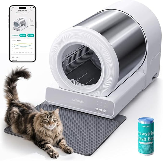 uahpet Stainless Steel Self Cleaning Cat Litter Box, Automatic Cat Litter Box with APP Control, Lower Entry, Safety Sensors Includes Mat & Trash Bags