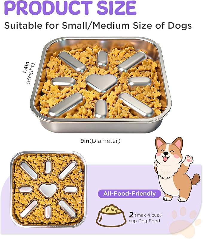 Slow Feeder Dog Bowls with Non-Slip Mat, Stainless Steel Metal Slow Feeder for Small & Medium Dogs, 2.5 Cups Pet Bowl for Fast Eaters, Slows Down Eating, Dishwasher Safe, Anti-Gulping Dog Bowl