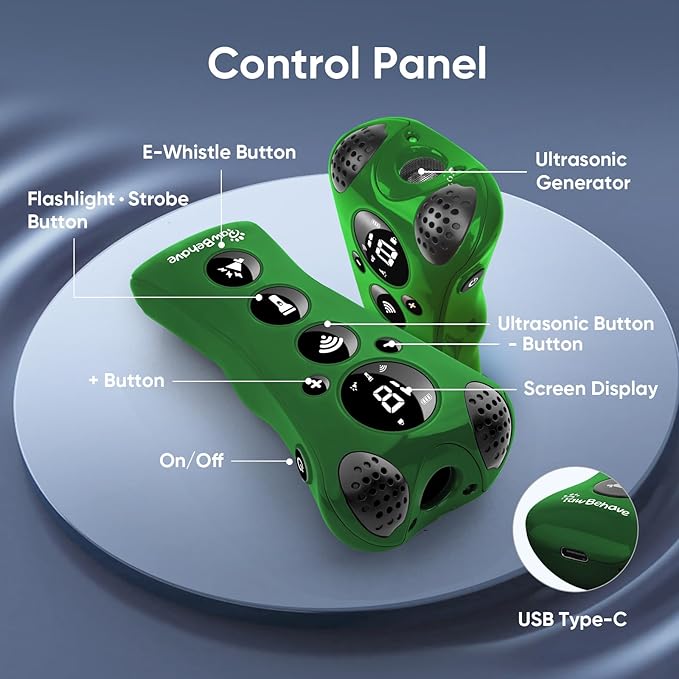 Ultrasonic Dog Bark Deterrent Device β10-Level Adjustable Anti Barking Trainer with Flashlight, Strobe, E-Clicker(18 Whistle Sounds)βNo Shock, Collar-Free Dog Behavior Correction Devices