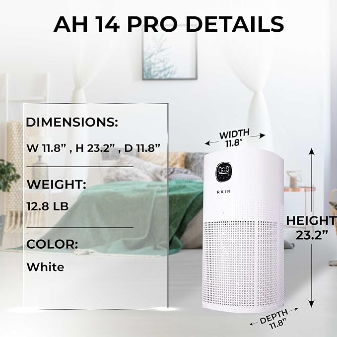 RKIN Smart Air Purifier - Large Room Air Purifier with PM2.5 Monitor, WiFi & App Control for Pet Hair, Odors, Pollen & Smoke for Home, Covers Up to 663 Ft², Auto, Turbo, and 29.5db Sleep modes