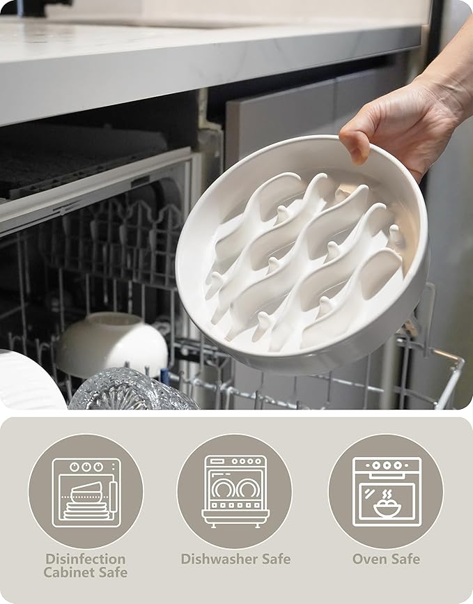 Ceramic Slow Feeder Dog Bowls Elevated, 2.0 Cups Dog Slow Feeder for Medium and Large Dogs, 30oz, 8in, White