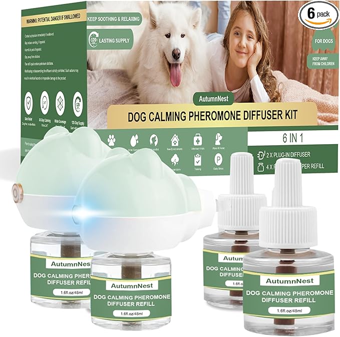 Dog Pheromone Diffuser Kit, Pet Diffuser for Stress Support, Reduces Stress and Promotes Relaxed Behavior, 2 Plug-in + 4 Packs Refill, 120 Day Supply (Non-Toxic, Safe & Inedible), Diffuser with Light