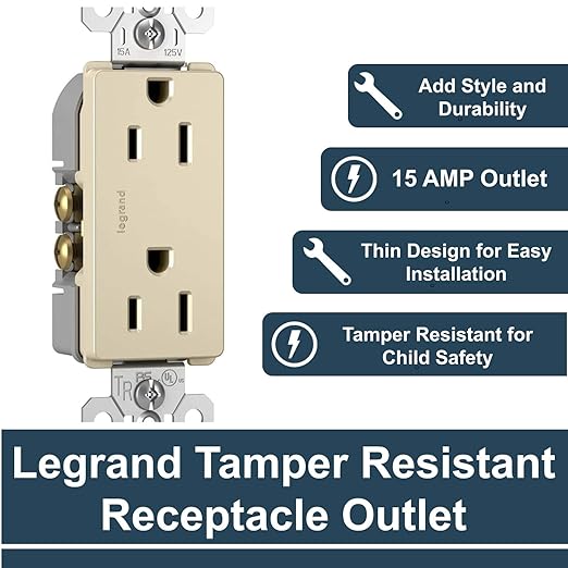 Legrand radiant 885TRLACC8 15 Amp Tamper Resistant Decorator Duplex Outlet, Side Wire or Push Wire, Light Almond (1 Count)
