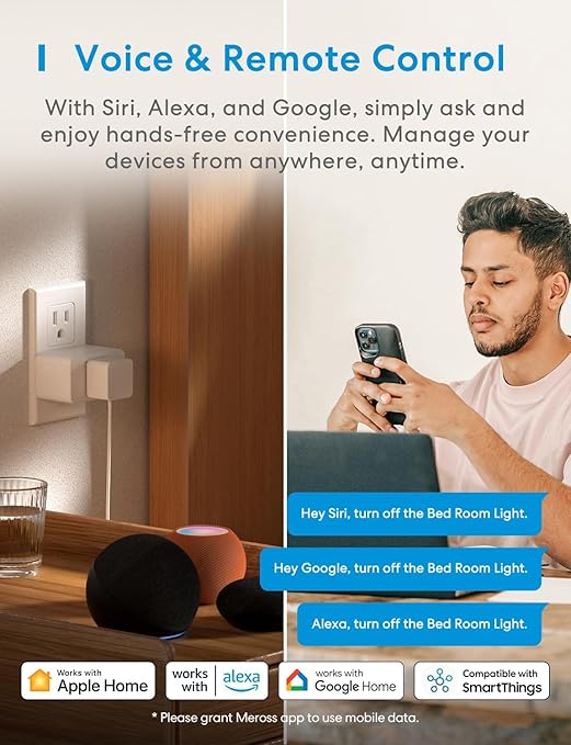 meross Smart Plug Mini, 15A & Reliable Wi-Fi, Support Apple HomeKit, Siri, Alexa, Echo, Google Assistant and Nest Hub, App Control, Timer, No Hub Needed, 2.4G WiFi Only, 2 pack