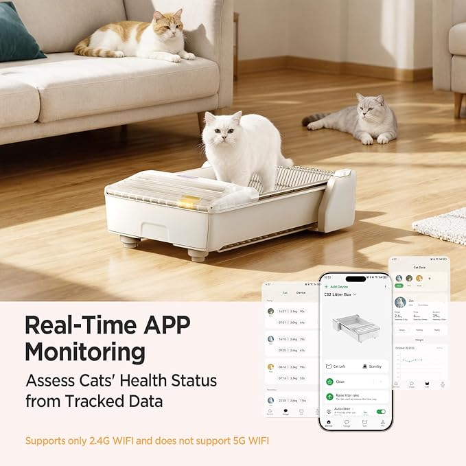 Robotail Fully-Open Automatic Self Cleaning Litter Box, Extra Large Space Electric Cat Litter Box with APP Control Health Monitor, Smart Litter Tray for Multiple Cats, Anti-Pinch, Come with 5lb Litter