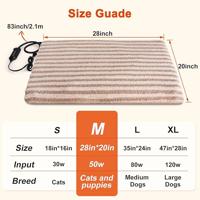 Pet Heating Pad, Waterproof Heated Dog Cat Bed with 11 Adjustable Temperatures & 24H Timer, Auto Shut-Off, Chew-Resistant Cord, Washable Cover, Indoor Electric Heating Mat, Beige, M(28" x 20")