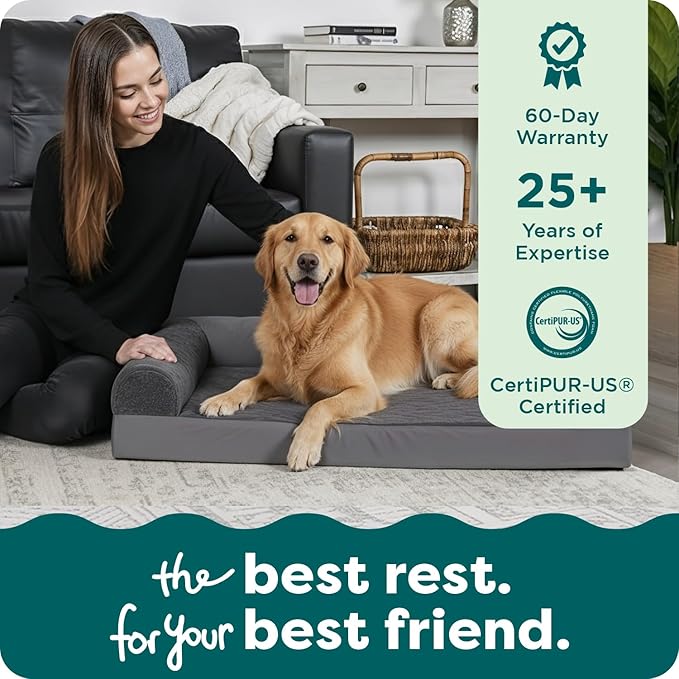 FurHaven Orthopedic Dog Bed for X-Large Dogs, L-Shaped Chaise Mattress with Egg Crate Orthopedic Memory Foam for Joint Support, Removable Washable Cover, Jumbo/XL, Plush & Velvet, Platinum Gray
