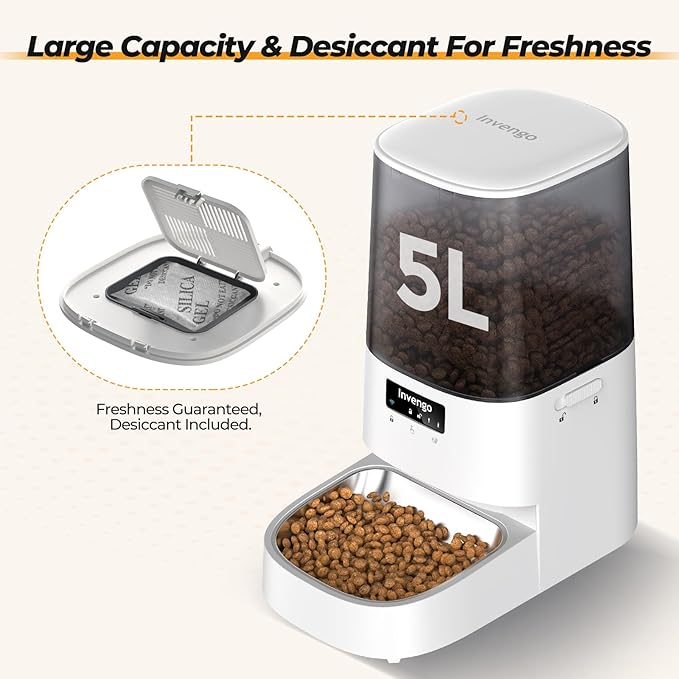 Cat Feeder Automatic - Cat Food Dispenser MeowServe S20, Auto Dog Feeder with Stainless Steel Bowl, 5L Pet Feeder with Patented Anti-Jam Port, App, Dual Lock Lid, Dual-Band WiFi & Power, White