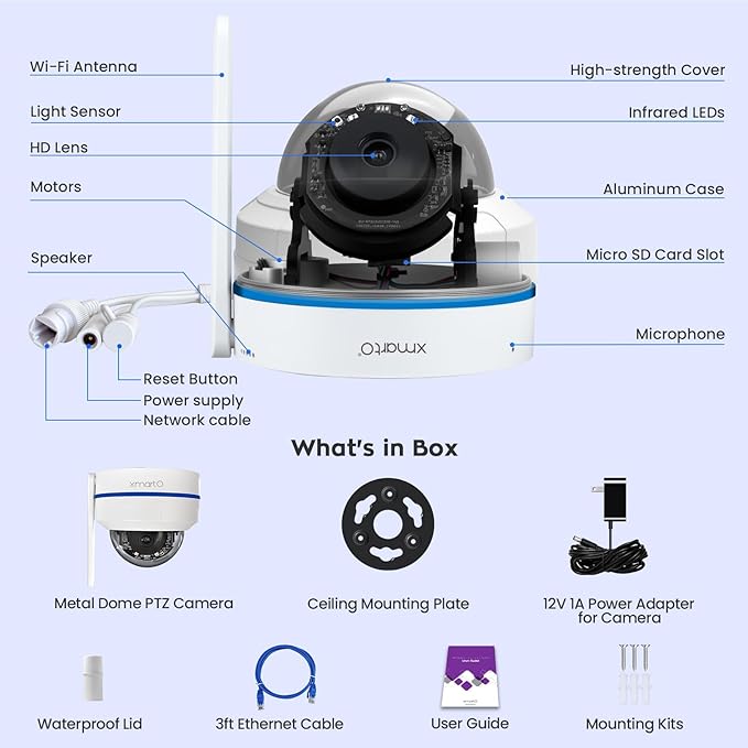 xmartO [AI Tracking Ceiling CAM 2K HD Metal PTZ Dome Wireless Security Camera with Automatic Tracking, 2-Way Audio and Night Vision (Standalone WiFi Camera, NOT add-on CAM to NVR)