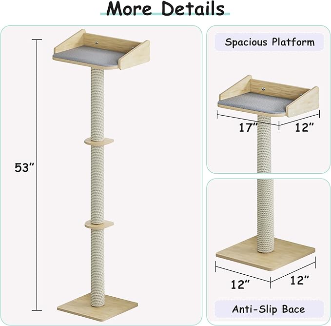 53" Cat Window Perch with Scratching Post, Cat Window Bed with Soft Mat, Non-Slip Base, 2 Suction Cups, Top Observation Perch, Max Support 50 lbs, Multi-Level Perch for Climbing (Natural Wood, 53")