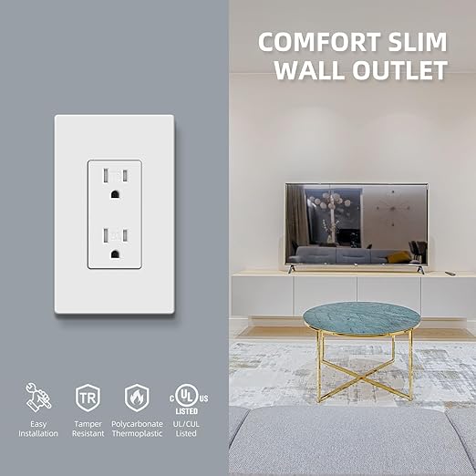 15 Amp Standard Decorator Electrical Wall Outlet, Tamper Resistant Wall Receptacle, 3 Prong Socket, Easy Install, White, 10 Pack