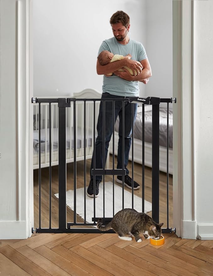 BABELIO 36 Inch Extra Tall Baby Gate with Cat Door, 29-48" Auto Close Pet Door for Stairs, Doorways and House, with Wall Cups, Black