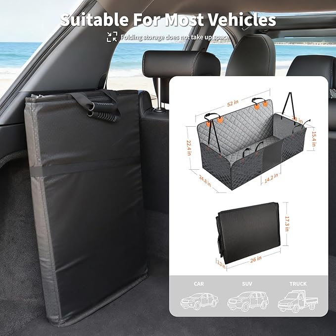 HOTEAGLE Dog Seat Covers for Back Seat, Hard Bottom Back Seat Extender for Dogs, 600D Upgraded Material Waterproof and Comfortable with 400lbs Holds, Ideal for Car Trips and Outdoor Adventures(Grey)