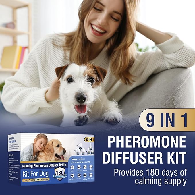 Dog Pheromones Calming Diffuser Kit Appeasing Pheromone Diffuser to Calm (3 Plug in+ 6 Pack 48ml Refill) for Anxiety Relieve Relief Reduce Aggression Fighting Barking Stress 180 Day Supply (Tasteless)