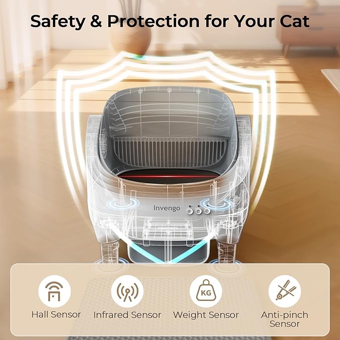Automatic Cat Litter Box Self Cleaning, App Control, Open-Top Automatic Litter Box with Safety Sensors, Ultra-Quiet, 10L Waste Bin with Odor Control, 2 Rolls of Garbage Bags, LightGrey