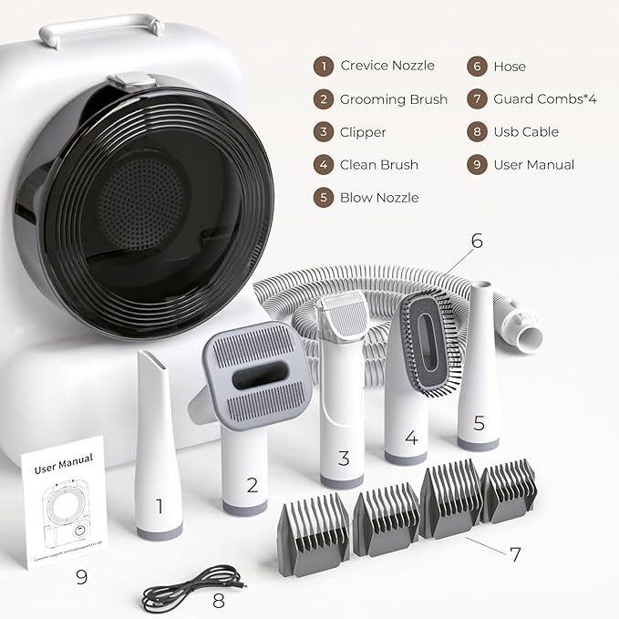 Dog Grooming Vacuum and Dryer, Pet Grooming Vacuum for Dogs with 3 Liter Canister, 15000Pa Suction Dog Vacuum for Shedding Grooming, Extra Space for Storage for 5 Grooming Kits, White