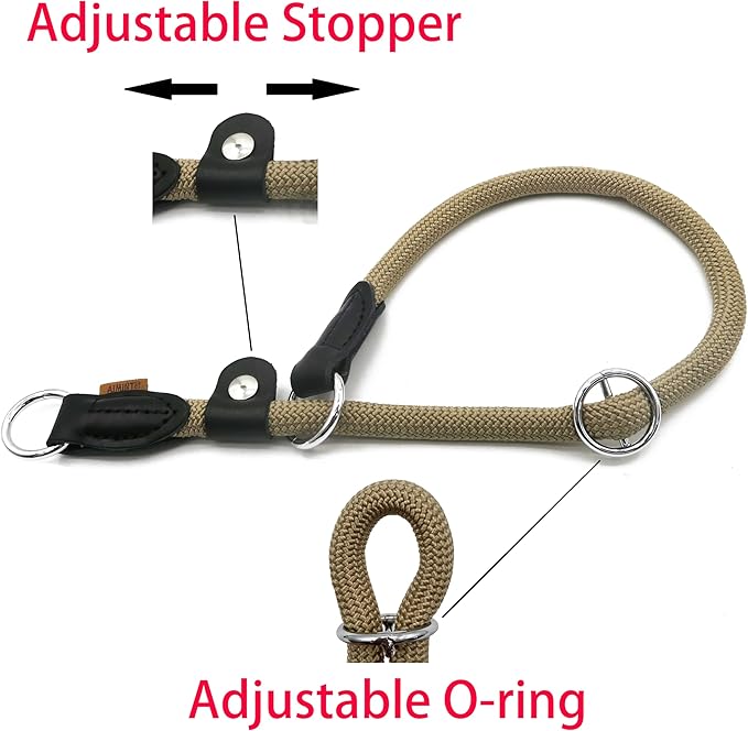 Braided Round Martingale Dog Collar, Training Collar with Slidable Stop Ring and Adjustable Stopper - Ideal for Small Dogs (S(1/4") - 14" Long, Khaki)