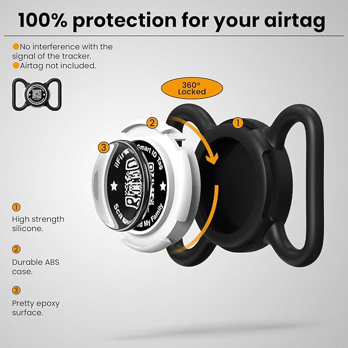 Waterproof AirTag Dog Collar Holder for Apple Tracker QR Code Case Black