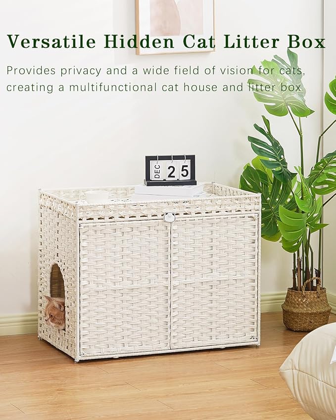 Cat Litter Box Enclosure Furniture, Handwoven Rattan Hidden Litter Box with Mat, Large Space Cat House with 2 S-Shaped Hooks 30.3 x 18.3 x 24.4 Inches, Indoor for Living Room Apartment White