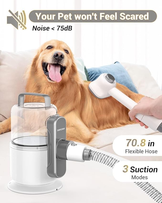 Dog Vacuum Grooming Kit for Shedding: Professional Hair Clippers Pet Groomer - Strong Suction Cleaner Deshedding Tool Fur Brush Attachment Trimmer for Home Cat (Milky)