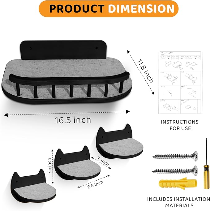 Cat Wall Shelves with 3 Steps – Modern Wood Wall Mounted Furniture, Climber & Perch Shelf for Cats up to 30lbs – Sturdy Floating Bed for Large Cats - Black