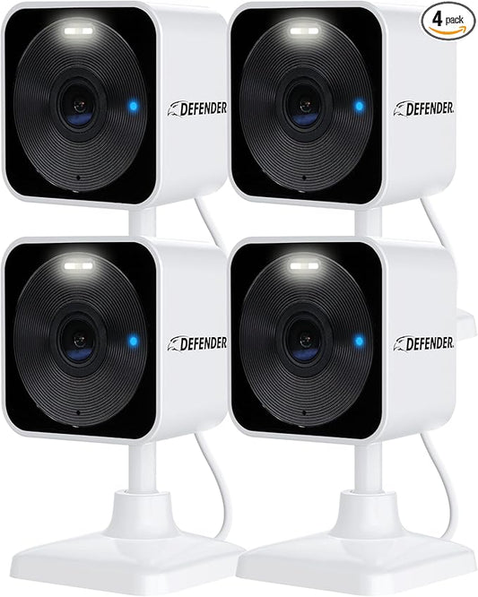 Defender GO 2K AI Powered Plug-in Indoor/Outdoor Home Business, Pet, Baby Camera, AI Detection, Dual Band Connection, Spotlight/Siren, Color Night Vision, 2-Way Talk, Works w/ClearVu App, 4 Pack
